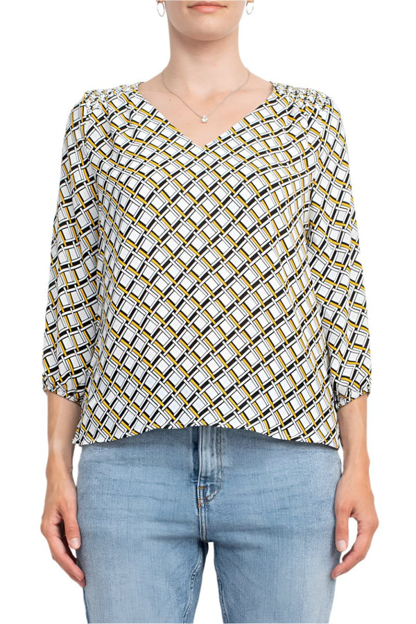 Counterparts V-Neck Elastic Shoulder Detail Elastic Cuff Multi Print Crepe Top-0