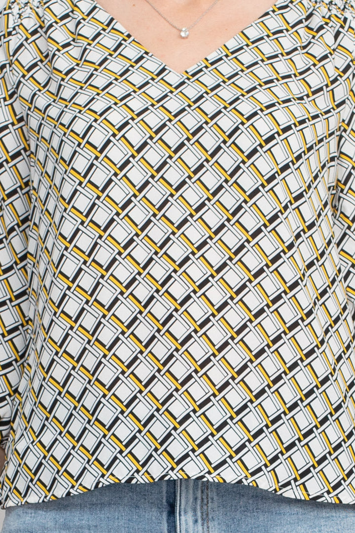 Counterparts V-Neck Elastic Shoulder Detail Elastic Cuff Multi Print Crepe Top-3