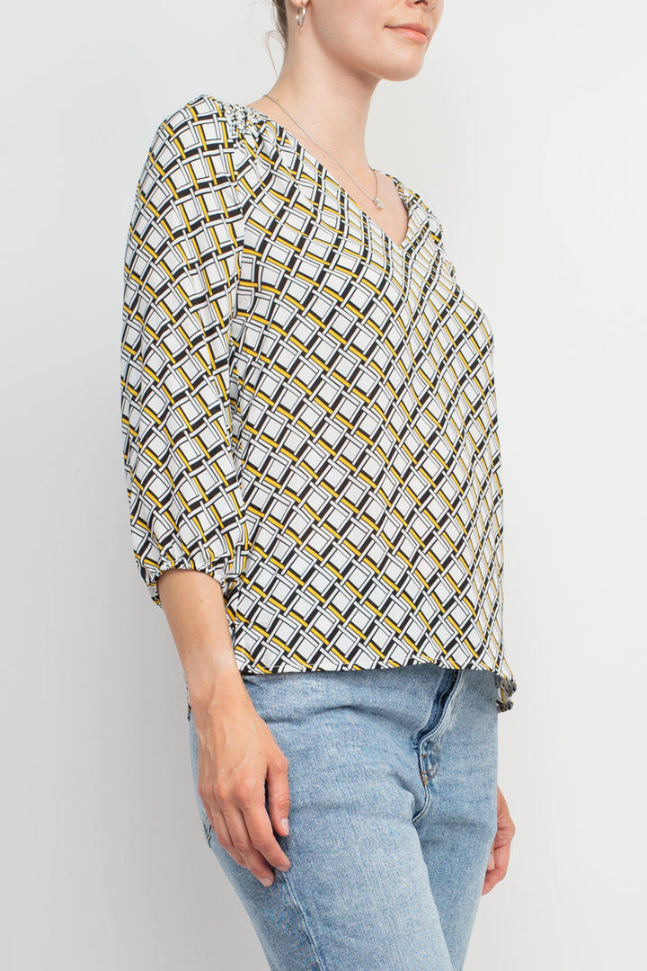 Counterparts V-Neck Elastic Shoulder Detail Elastic Cuff Multi Print Crepe Top-1