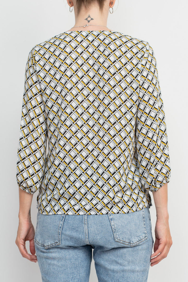Counterparts V-Neck Elastic Shoulder Detail Elastic Cuff Multi Print Crepe Top-2