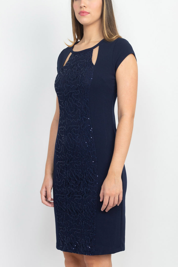 SL Fashion Cutout Crew Neck Cap Sleeve Bodycon Zipper Back lace Panel Crepe Dress-2