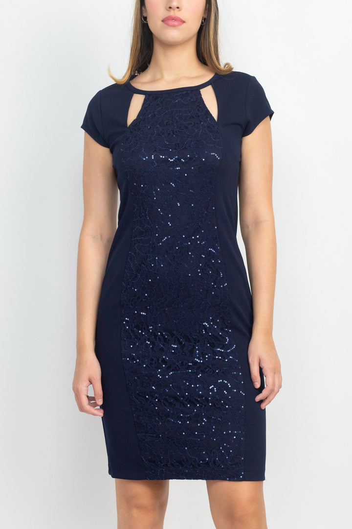 SL Fashion Cutout Crew Neck Cap Sleeve Bodycon Zipper Back lace Panel Crepe Dress-1
