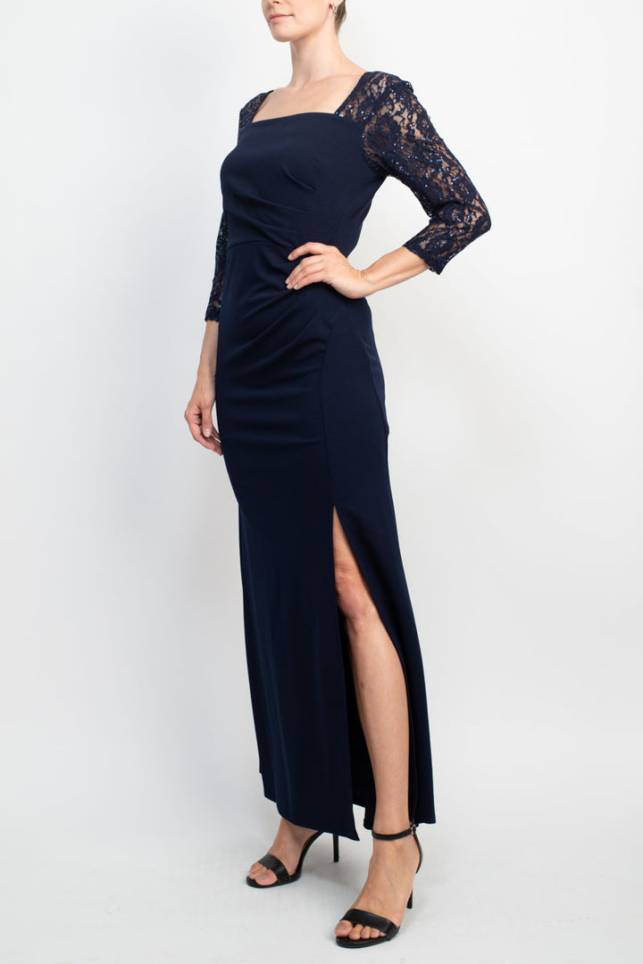 SL Fashion Square Neck 3/4 Sleeve Pleated Side Front Slit Zipper Back Crepe Dress-2