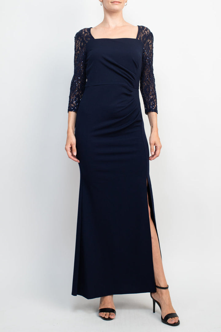 SL Fashion Square Neck 3/4 Sleeve Pleated Side Front Slit Zipper Back Crepe Dress-1
