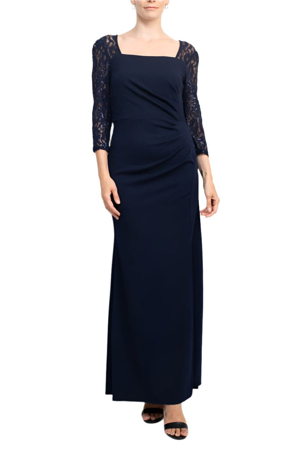 SL Fashion Square Neck 3/4 Sleeve Pleated Side Front Slit Zipper Back Crepe Dress-0