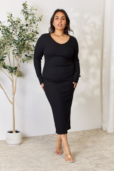 Culture Code Full Size Ribbed Long Sleeve Midi Slit Dress-0