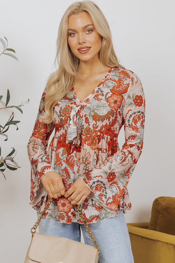 Celeste Floral V Neck Knot Bell Sleeve Blouse-3