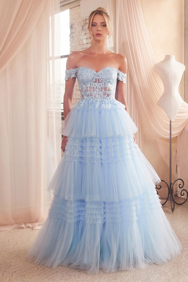 Pleated Tulle Off Shoulder Sheer Bodice Sweetheart Long Prom Dress CD9315-0