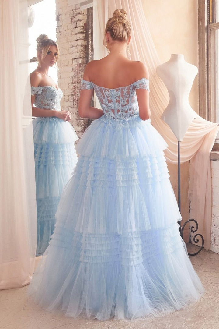 Pleated Tulle Off Shoulder Sheer Bodice Sweetheart Long Prom Dress CD9315-1