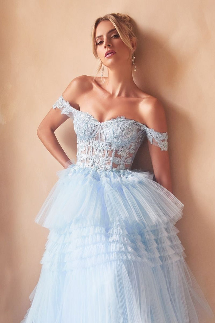 Pleated Tulle Off Shoulder Sheer Bodice Sweetheart Long Prom Dress CD9315-2