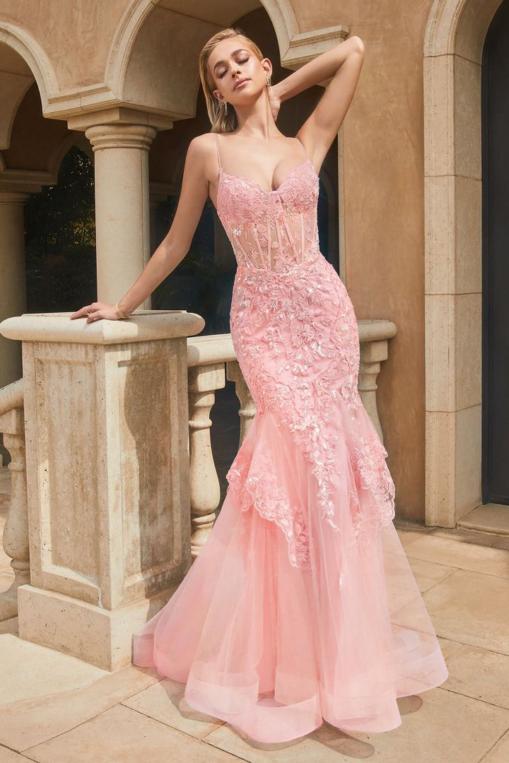 Lace & Tulle Mermaid Tulle Skirt Embroidered Long Prom Dress CD9316-3