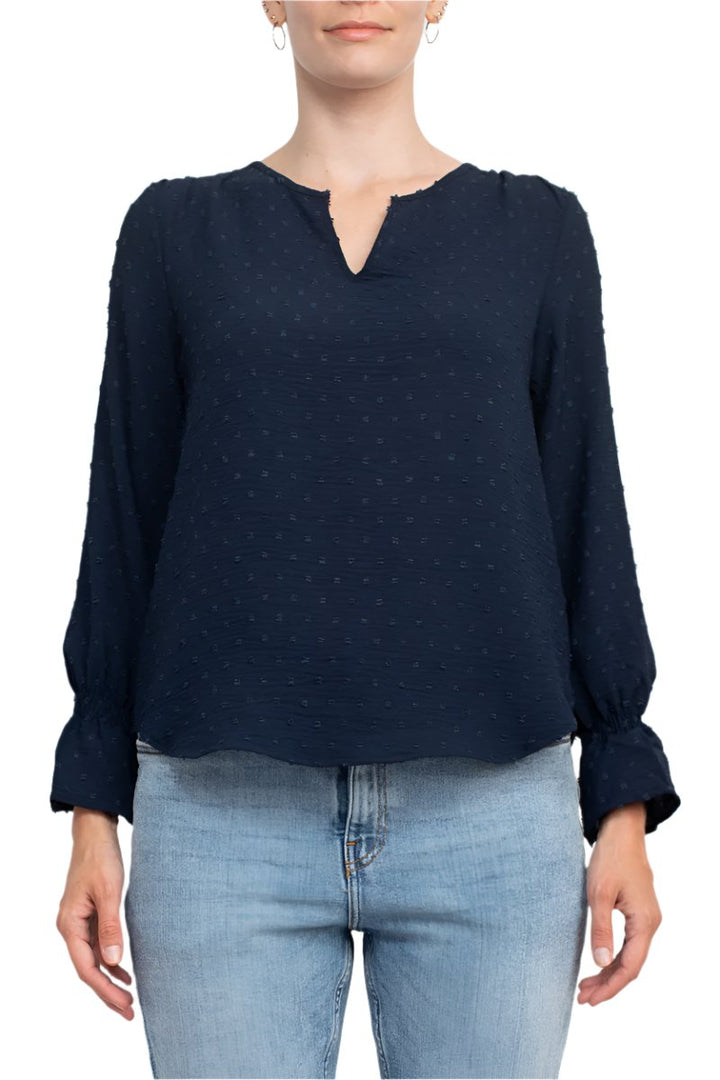 Counterparts Split V- Neck Popover Elastic Cuff Textured Top-0