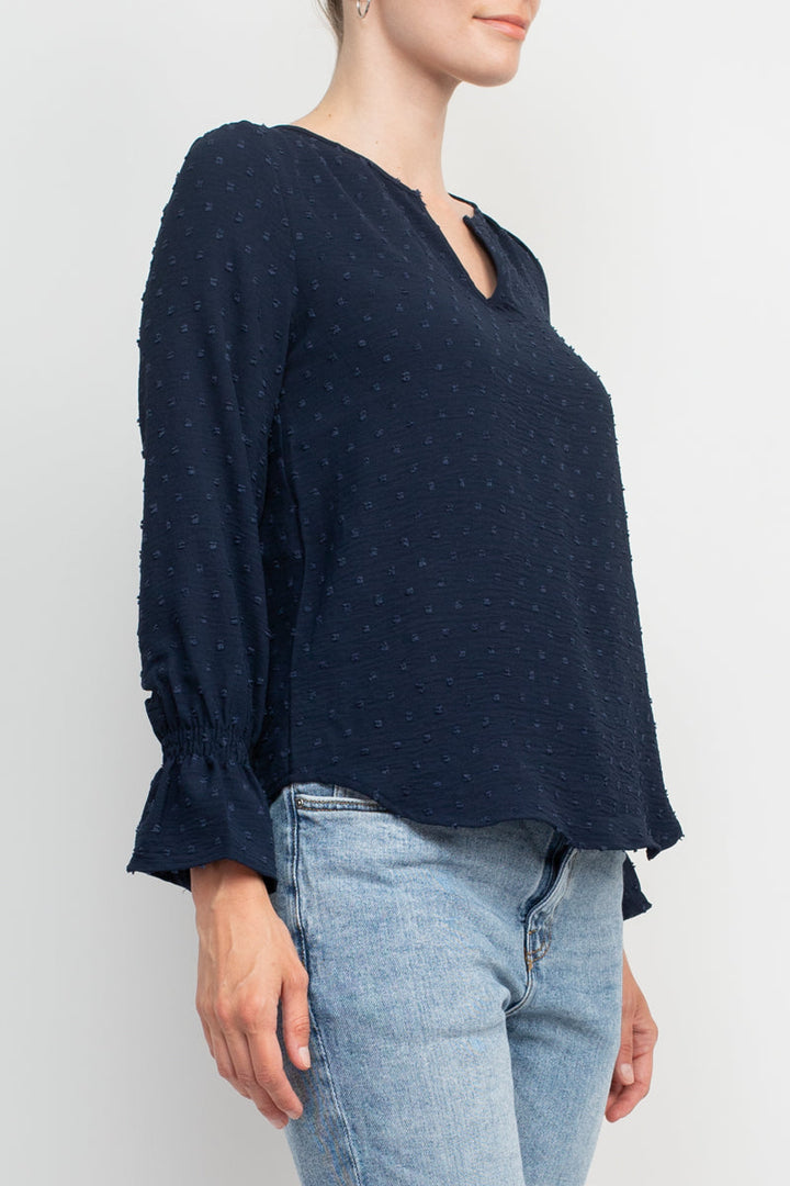 Counterparts Split V- Neck Popover Elastic Cuff Textured Top-1