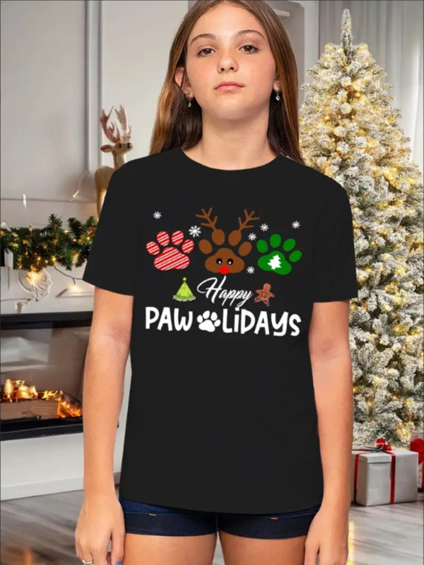 Girls' Festive Christmas Reindeer & Paw Print T-Shirt - Casual Crew Neck, Short Sleeve, Machine Washable - Perfect For Summer
