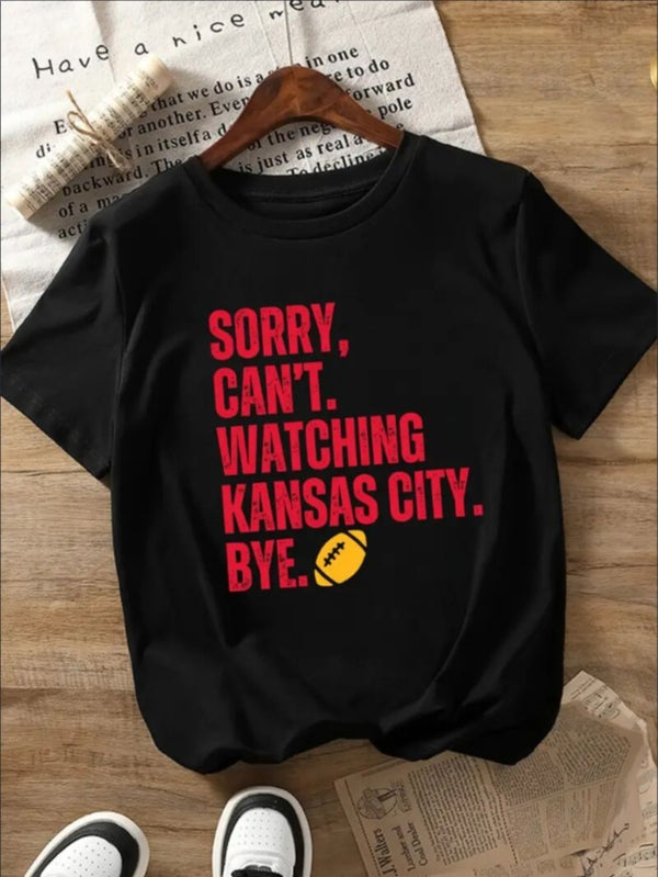 KC, Football Graphic Print T-Shirt - Crew Neck, A Comfortable Women's Short-sleeved Crew Neck T-shirt For Everyday Wear And Stylish Layering