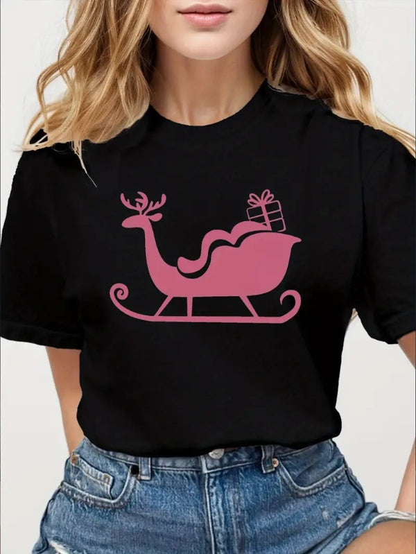 Pink Christmas Sleigh Women's Tshirt Comfort Fit