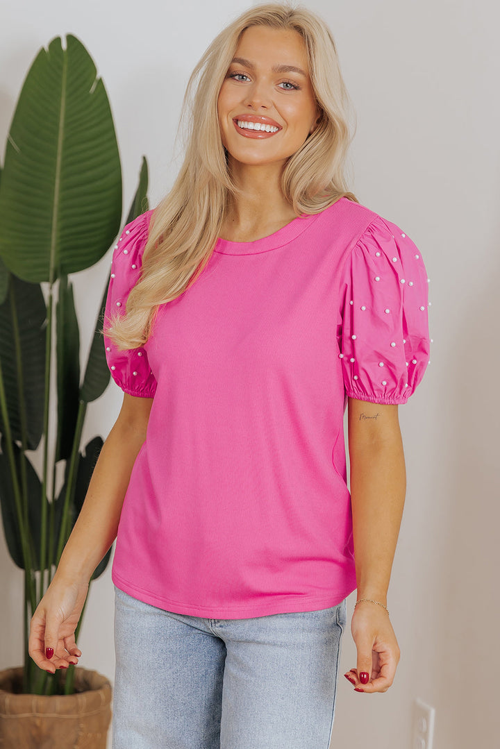 Shiloh Ribbed Pearl Beaded Puff Sleeve Top-4