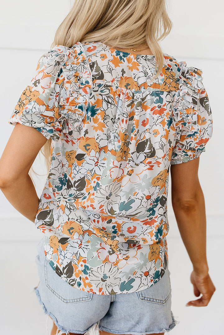 Milena Split V Neck Puff Sleeve Flower Print Blouse-1
