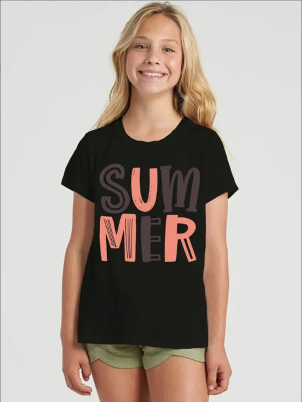Summer Chic GRls' Casual Sports Tee With Trendy Letter Print - Crew Neck,Machine Washable