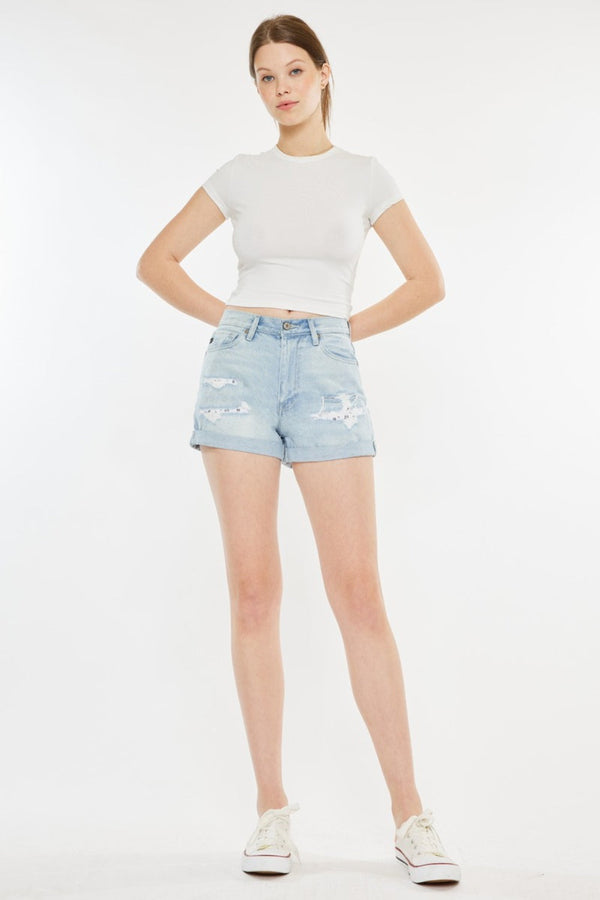 Kancan High Rise Repaired Mom Denim Shorts-0