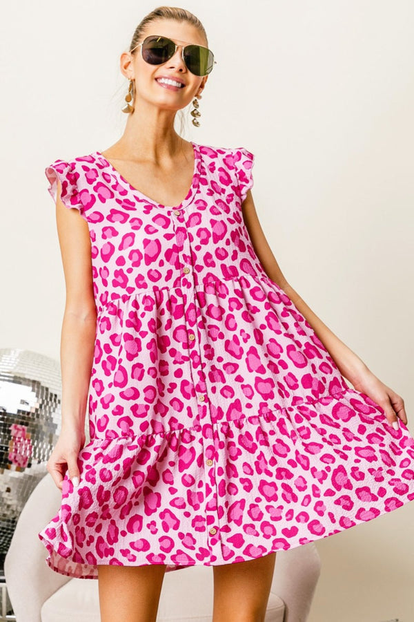 BiBi Leopard Cap Sleeve Tiered Mini Dress-0