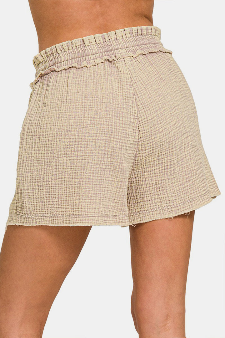 Zenana Washed Frayed Hem Drawstring Shorts-1