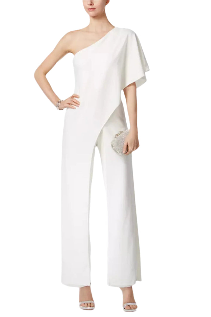 Adrianna Papell Asymmetrical One Shoulder Cape Sleeve Stretch Crepe Solid Jumpsuit-5