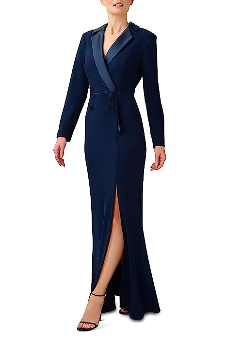 Adrianna Papell Notched Collar Long Sleeve Slit Front Zipper Back Stretch Crepe Dress - Wholesale-1