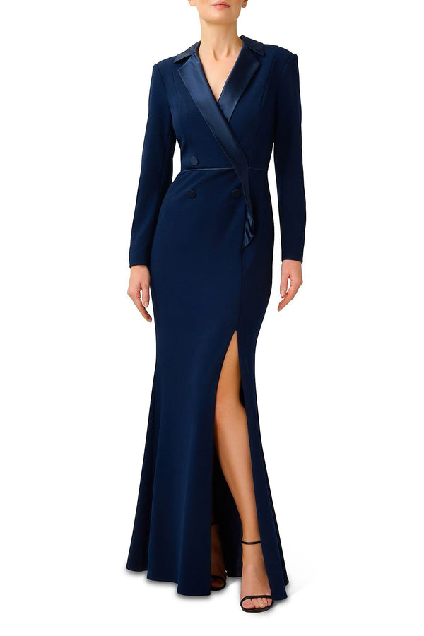 Adrianna Papell Notched Collar Long Sleeve Slit Front Zipper Back Stretch Crepe Dress - Wholesale-0
