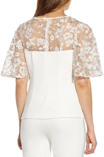 Adrianna Papell Crew Neck Bell Sleeve Zipper Back Illusion Embroidered Crepe Top-2