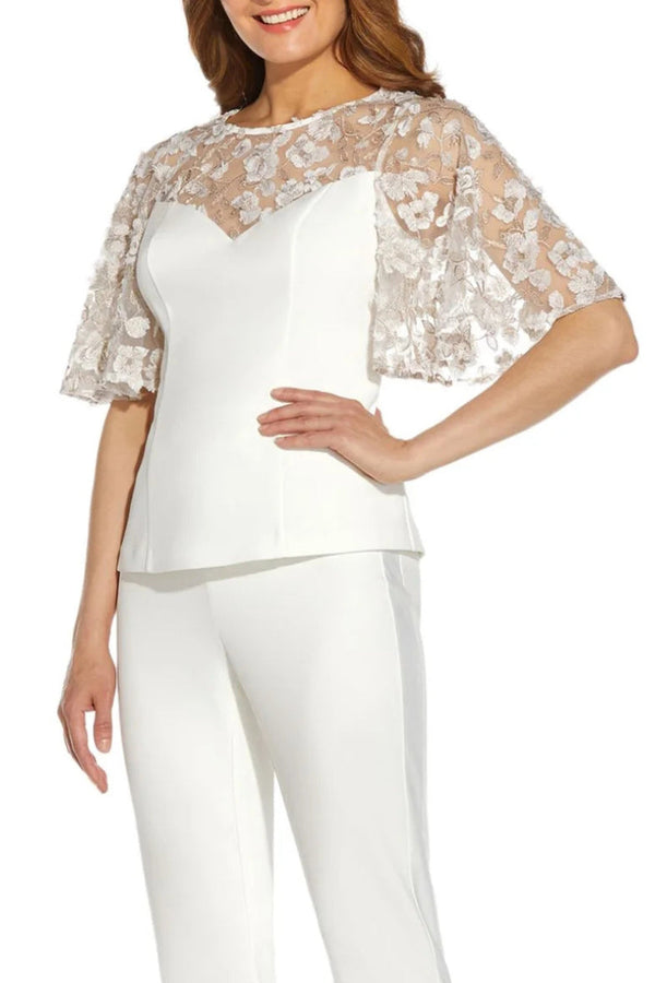 Adrianna Papell Crew Neck Bell Sleeve Zipper Back Illusion Embroidered Crepe Top-0