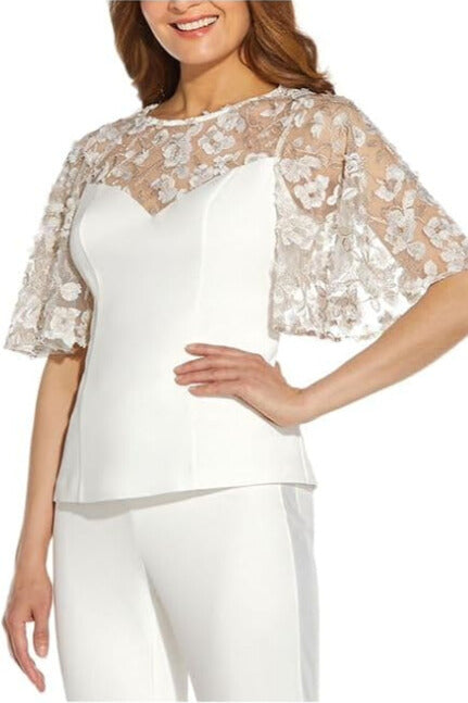 Adrianna Papell Crew Neck Bell Sleeve Zipper Back Illusion Embroidered Crepe Top-1