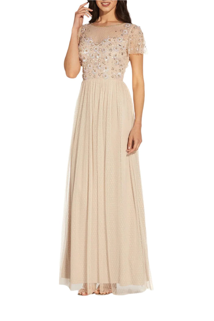 Adrianna Papell Boat Neck Short Sleeve Illusion Embellished Bodice Zipper Back Mesh Dress - Wholesale-1