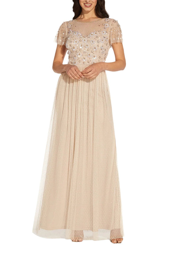 Adrianna Papell Boat Neck Short Sleeve Illusion Embellished Bodice Zipper Back Mesh Dress - Wholesale-0