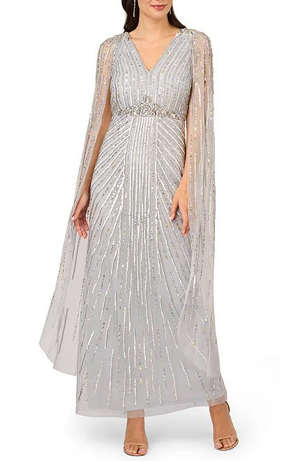 Adrianna Papell V-neck Cape Sleeve Zipper Closure Sequined Gown-0