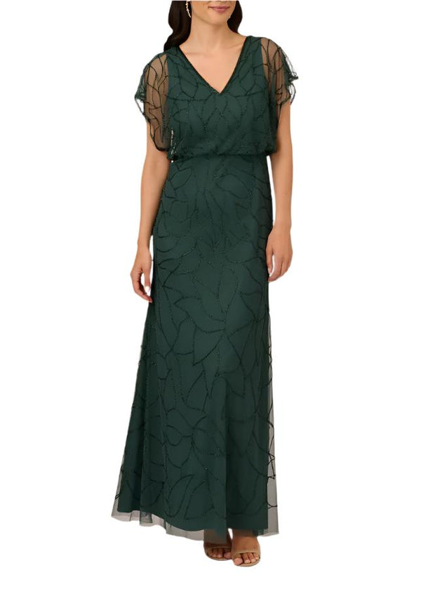 Adrianna Papell V-neck Dolman Sleeve Blouson Zipper Closure Beaded Mesh Gown-0