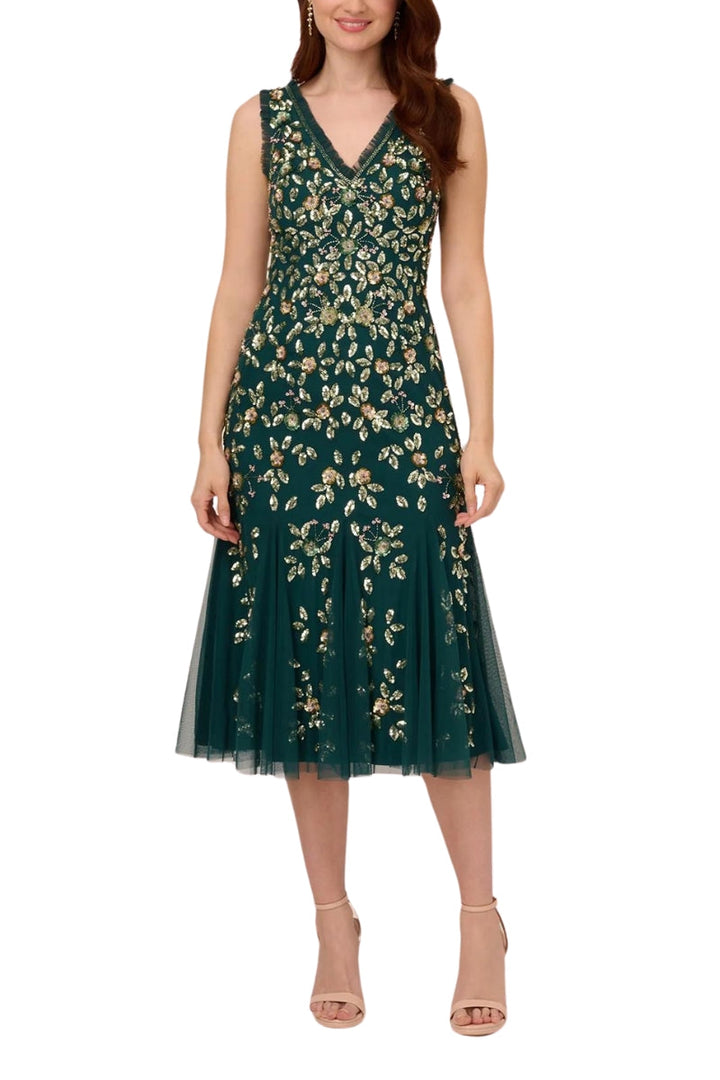 Adrianna Papell Ruffle Beaded Midi Mermaid Cocktail Dress-0