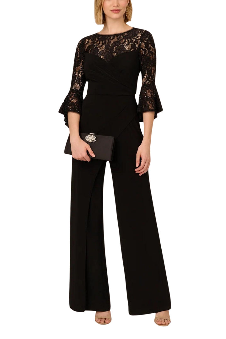 Adrianna Papell Jersey Lace Crew Neck Elbow Sleeve Ruffle Cuff Straight Leg Jumpsuit - Wholesale-1