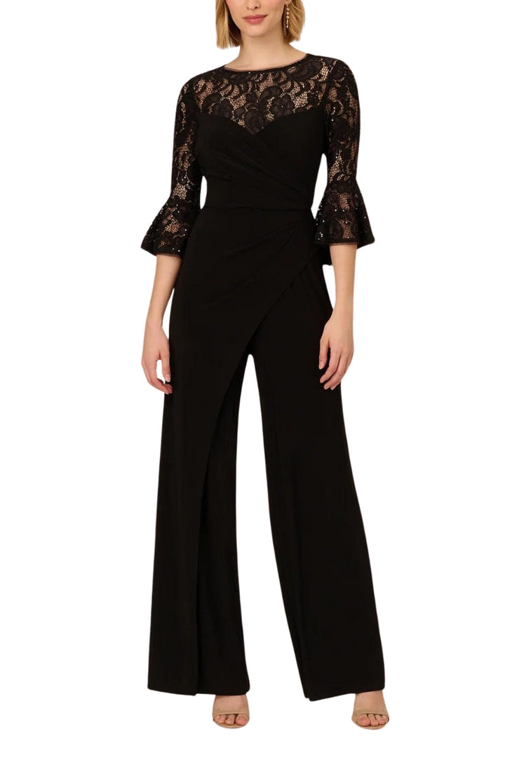 Adrianna Papell Jersey Lace Crew Neck Elbow Sleeve Ruffle Cuff Straight Leg Jumpsuit - Wholesale-0