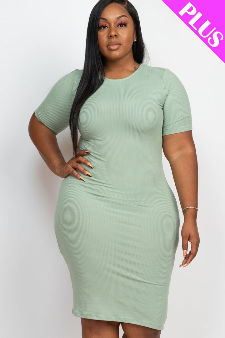 Plus Size Ribbed Short Sleeve Bodycon Midi Dress (CAPELLA)-5