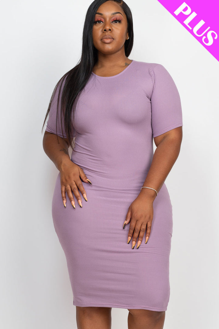 Plus Size Ribbed Short Sleeve Bodycon Midi Dress (CAPELLA)-8