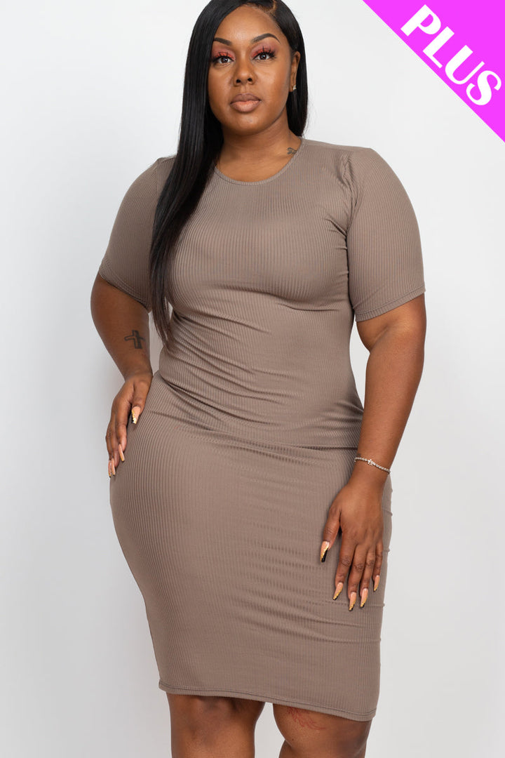 Plus Size Ribbed Short Sleeve Bodycon Midi Dress (CAPELLA)-9