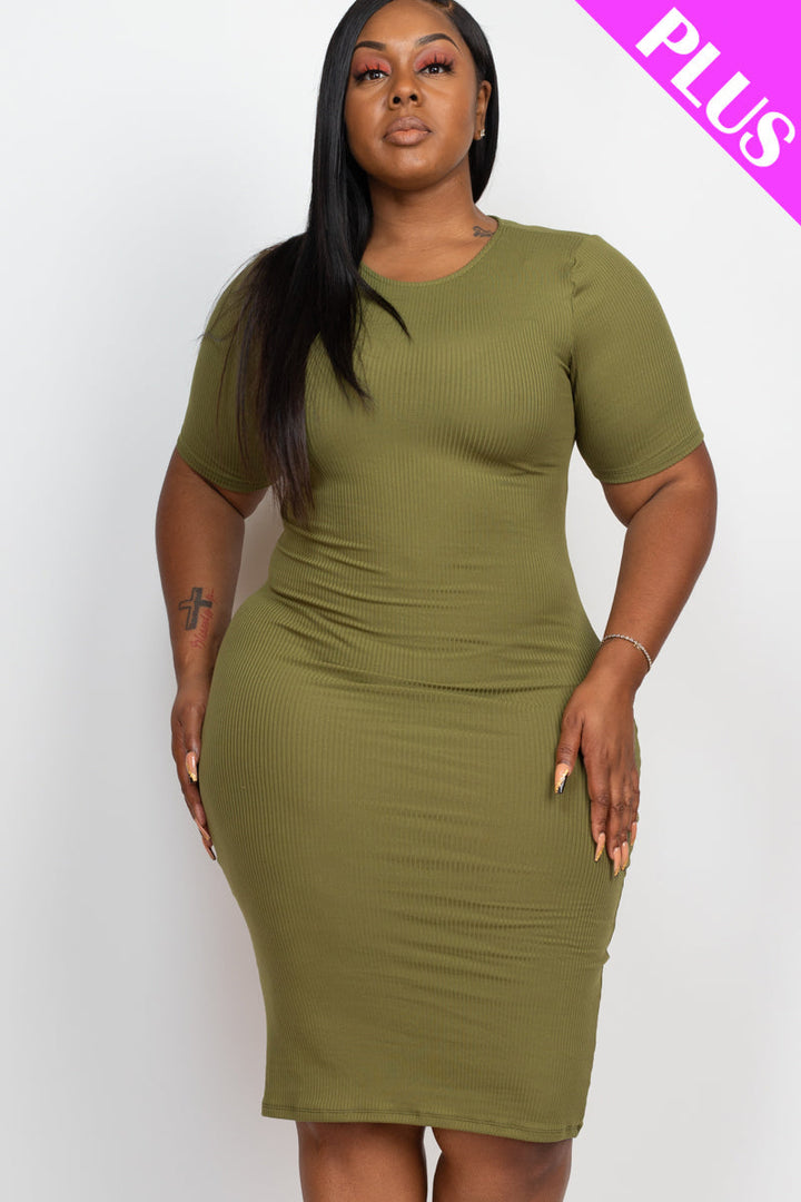 Plus Size Ribbed Short Sleeve Bodycon Midi Dress (CAPELLA)-7