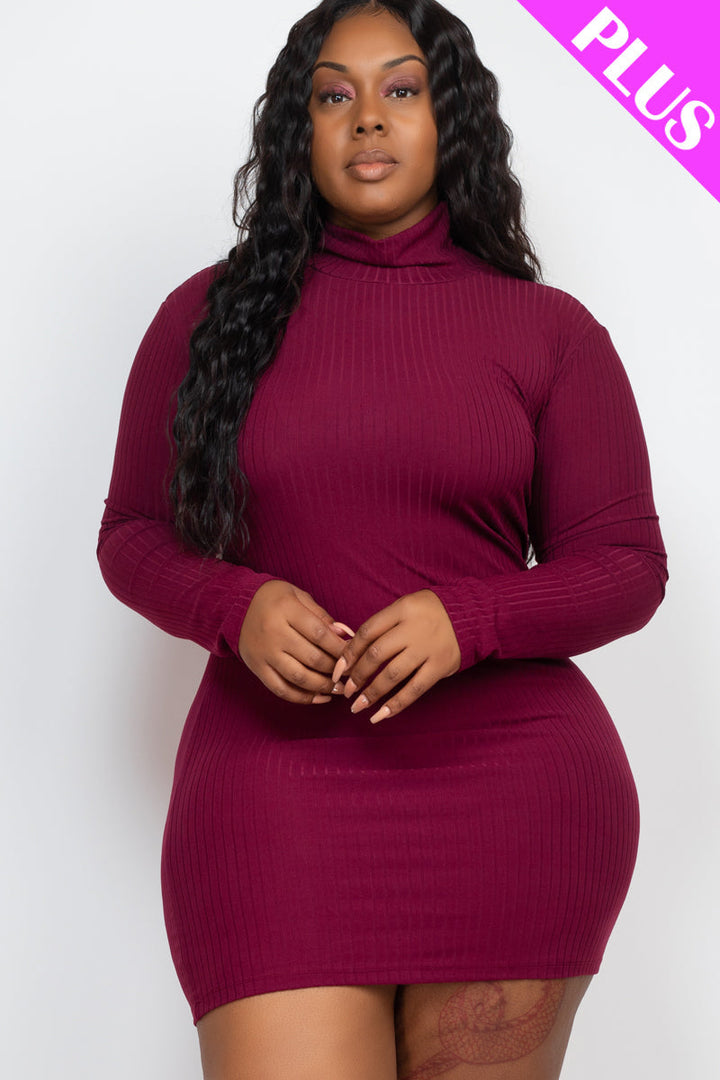 Plus Size Ribbed Long Sleeve Mock neck Mini Bodycon dress (CAPELLA)-5