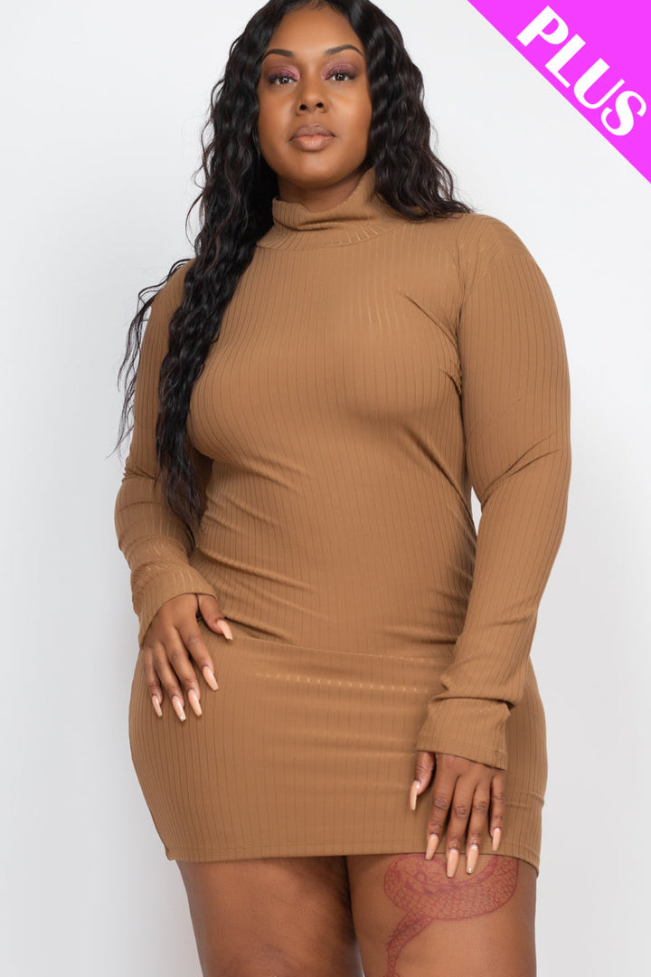 Plus Size Ribbed Long Sleeve Mock neck Mini Bodycon dress (CAPELLA)-7