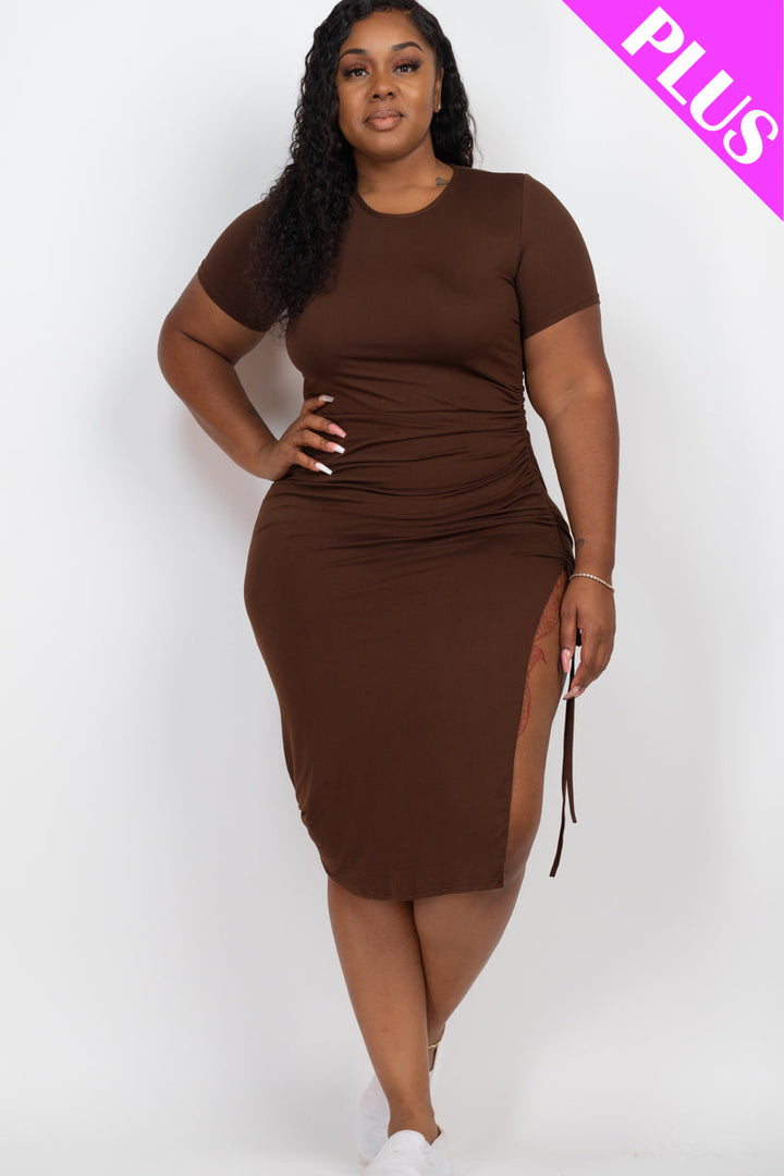 Plus Size Drawstring Ruched Side Split Hem Midi Dress (CAPELLA)-6