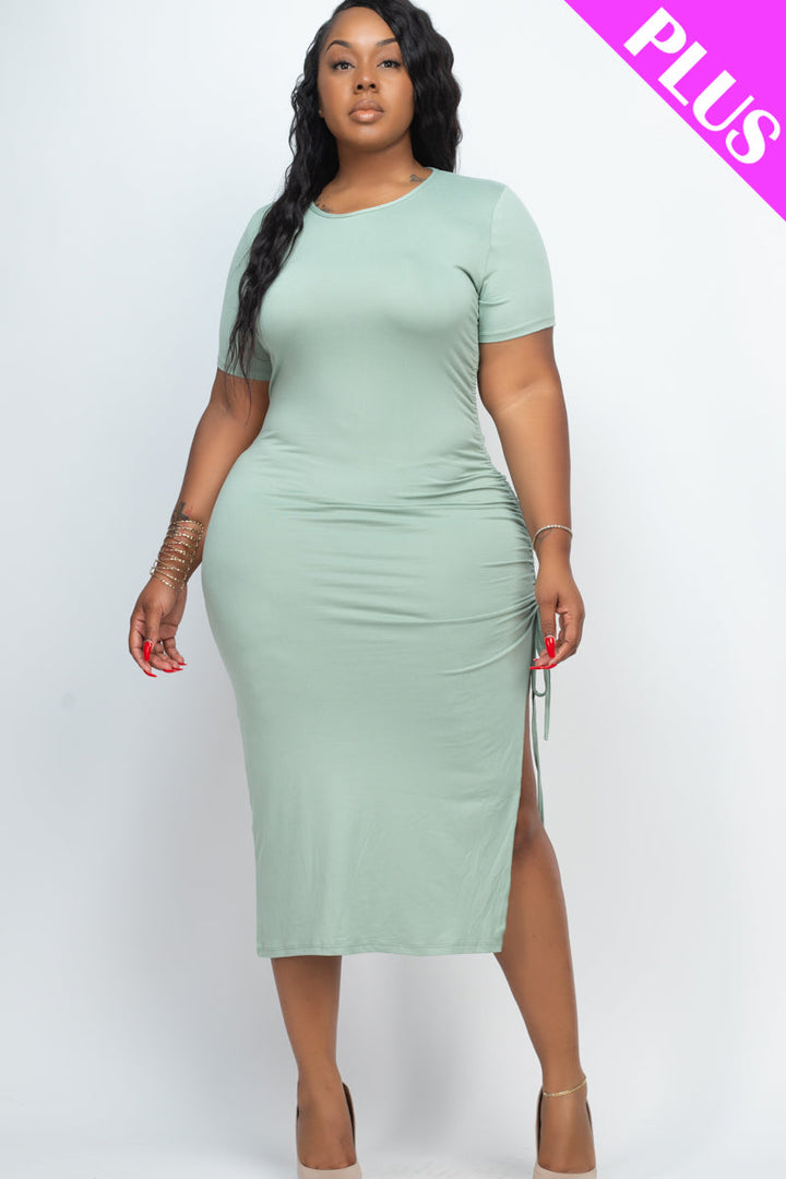 Plus Size Drawstring Ruched Side Split Hem Midi Dress (CAPELLA)-8