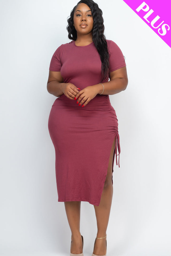 Plus Size Drawstring Ruched Side Split Hem Midi Dress (CAPELLA)-9