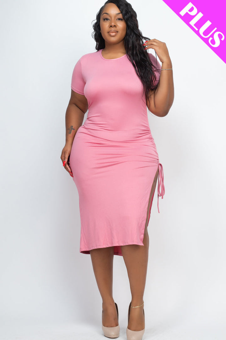 Plus Size Drawstring Ruched Side Split Hem Midi Dress (CAPELLA)-10
