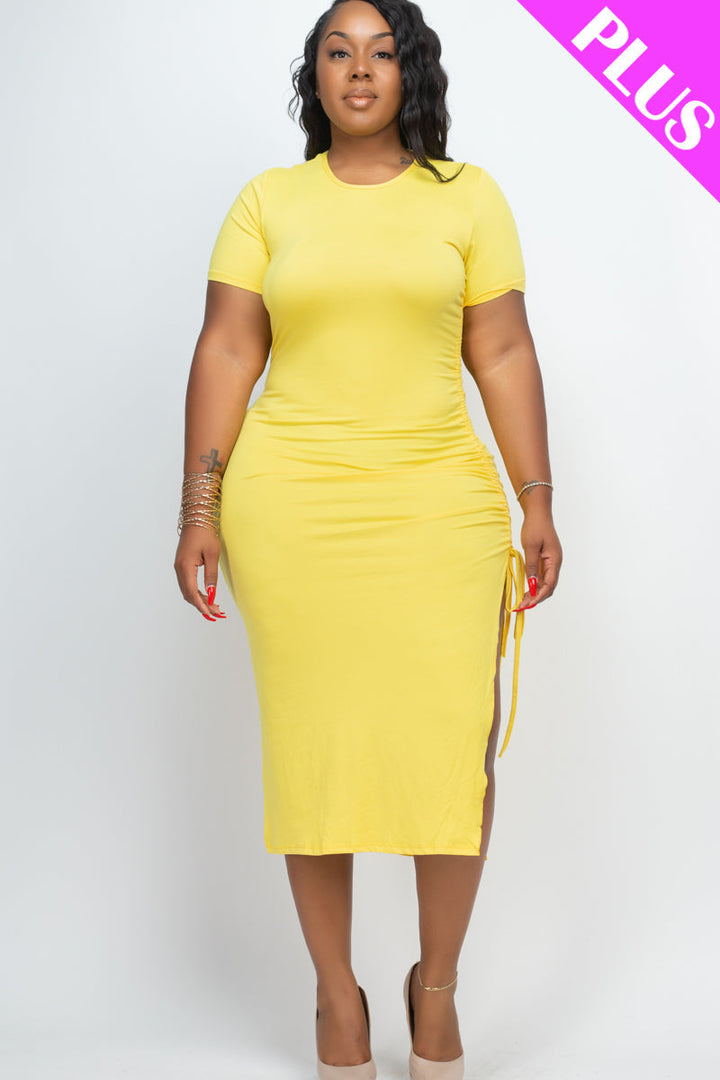 Plus Size Drawstring Ruched Side Split Hem Midi Dress (CAPELLA)-11